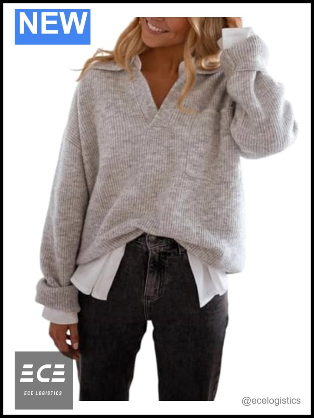 CHICME Oversized V-Neck Lapel Sweater with Pocket Ribbed Knit Pullover